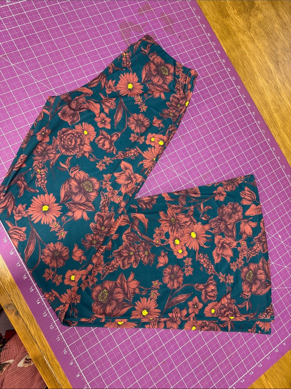 Zara Floral Print Flare Pants in Teal and Rust